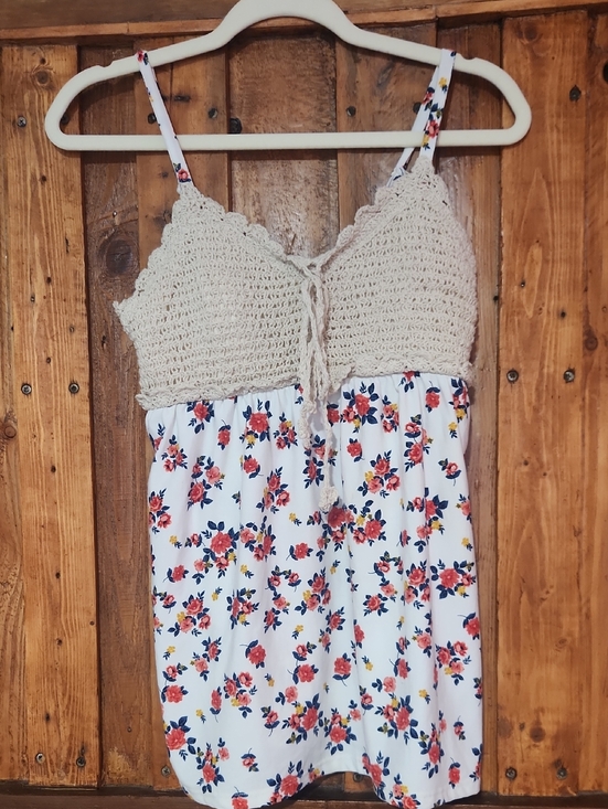No Boundaries Tops - No Boundaries Cream Crochet Bodice Floral Spaghetti Strap Tank